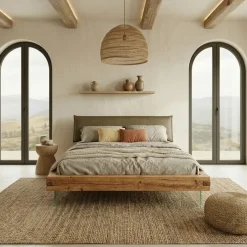 Letto matrimoniale 160x200cm testiera imbottita piedi in vetro legno massello rovere tortora Resilia