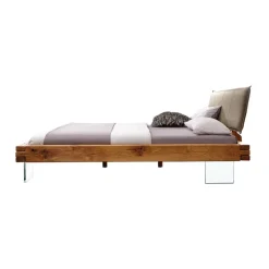Letto matrimoniale 160x200cm testiera imbottita piedi in vetro legno massello rovere tortora Resilia