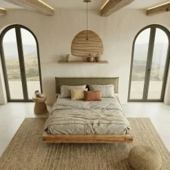 Letto matrimoniale 160x200cm testiera imbottita piedi in vetro legno massello rovere tortora Resilia