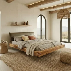 Letto matrimoniale 160x200cm testiera imbottita piedi in vetro legno massello rovere tortora Resilia