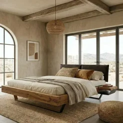 Letto matrimoniale 160x200cm testiera imbottita gambe in metallo legno massello rovere antracite Venalia