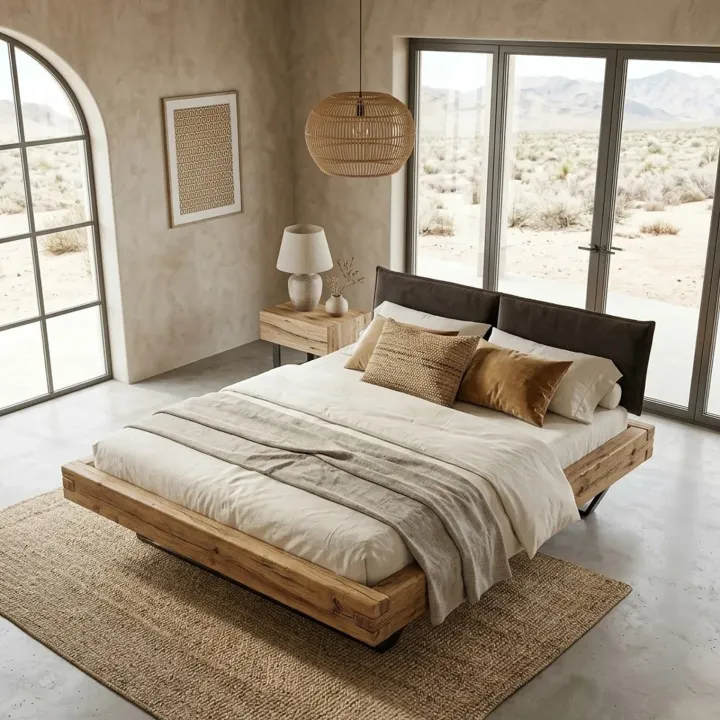 Letto matrimoniale 160x200cm testiera imbottita gambe in metallo legno massello rovere antracite Venalia
