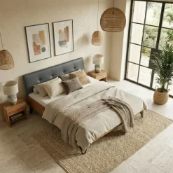 Letto matrimoniale 160x200cm testiera imbottita piedi in metallo legno massello rovere antracite Cortelia