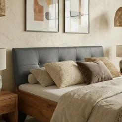 Letto matrimoniale 160x200cm testiera imbottita piedi in metallo legno massello rovere antracite Cortelia