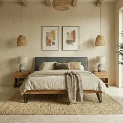 Letto matrimoniale 160x200cm testiera imbottita piedi in metallo legno massello rovere antracite Cortelia