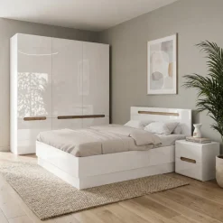 Letto matrimoniale 160x200 contenitore con comodini bianco lucido noce Biancastagno