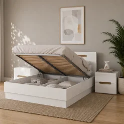 Letto matrimoniale 160x200 contenitore con comodini bianco lucido noce Biancastagno