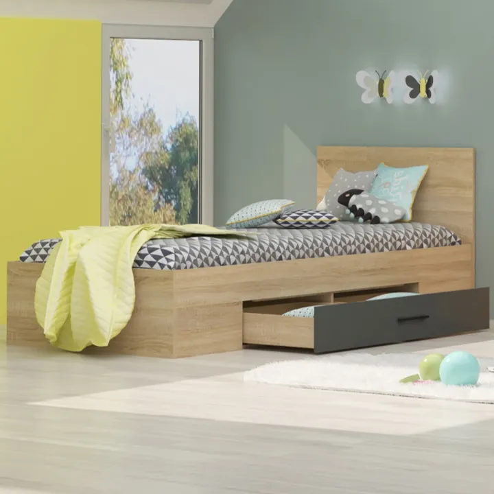 Letto singolo cameretta 90x200cm reversibile con cassettone rovere antracite Chiaretto