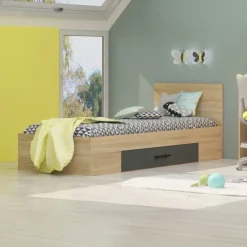Letto singolo cameretta 90x200cm reversibile con cassettone rovere antracite Chiaretto