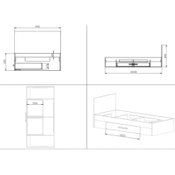 Letto singolo cameretta 90x200cm reversibile con cassettone rovere antracite Chiaretto