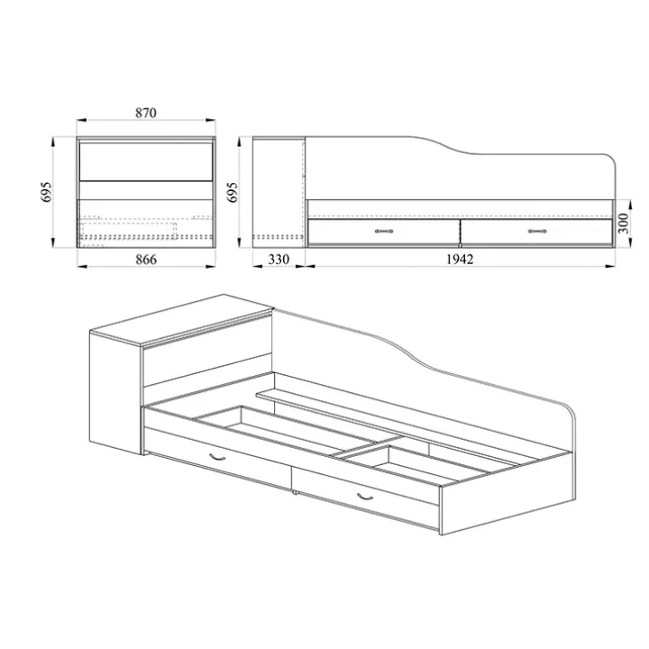 Letto singolo con comò e cassettoni 82x190cm noce Catullo