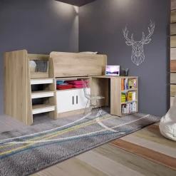 Letto singolo 90x200cm a soppalco rovere sonoma bianco opaco Erick