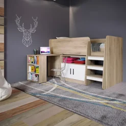 Letto singolo 90x200cm a soppalco rovere sonoma bianco opaco Erick