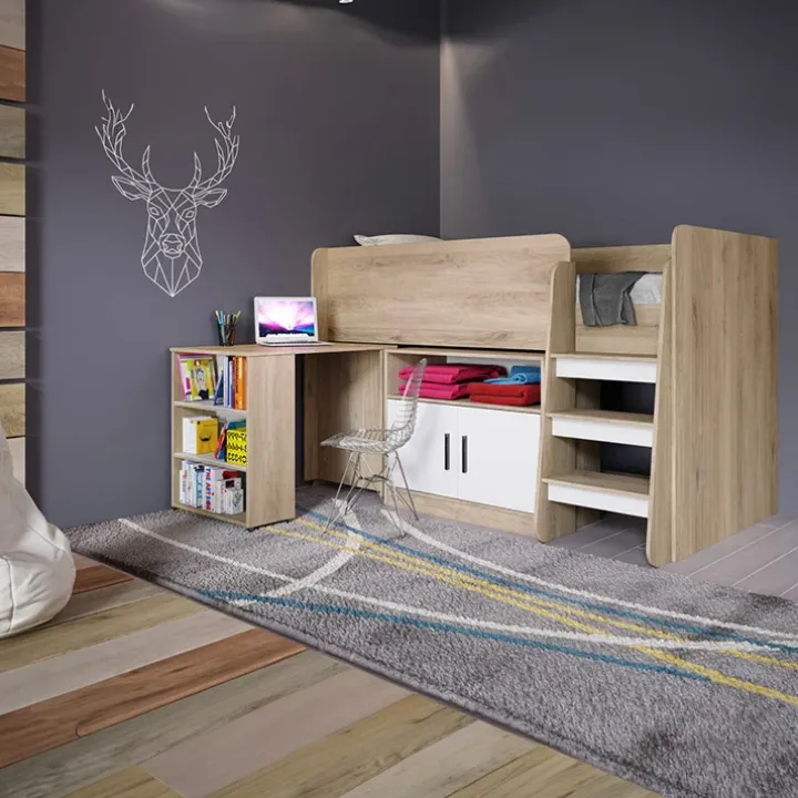Letto singolo 90x200cm a soppalco rovere sonoma bianco opaco Erick