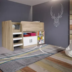 Letto singolo 90x200cm a soppalco rovere sonoma bianco opaco Erick