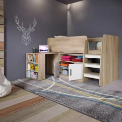 Letto singolo 90x200cm a soppalco rovere sonoma bianco opaco Erick