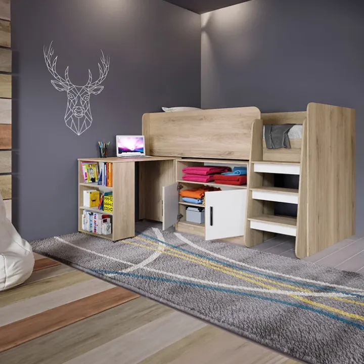 Letto singolo 90x200cm a soppalco rovere sonoma bianco opaco Erick
