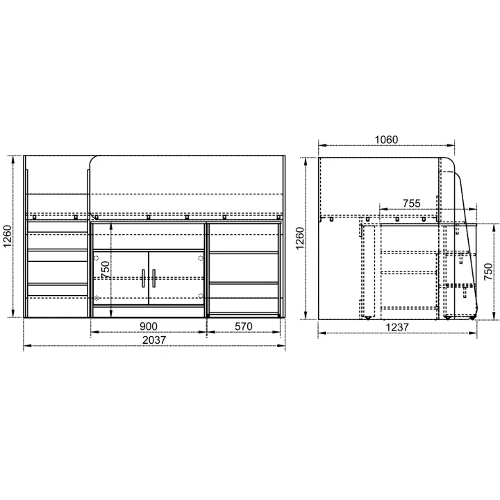 Letto singolo 90x200cm a soppalco rovere sonoma bianco opaco Erick