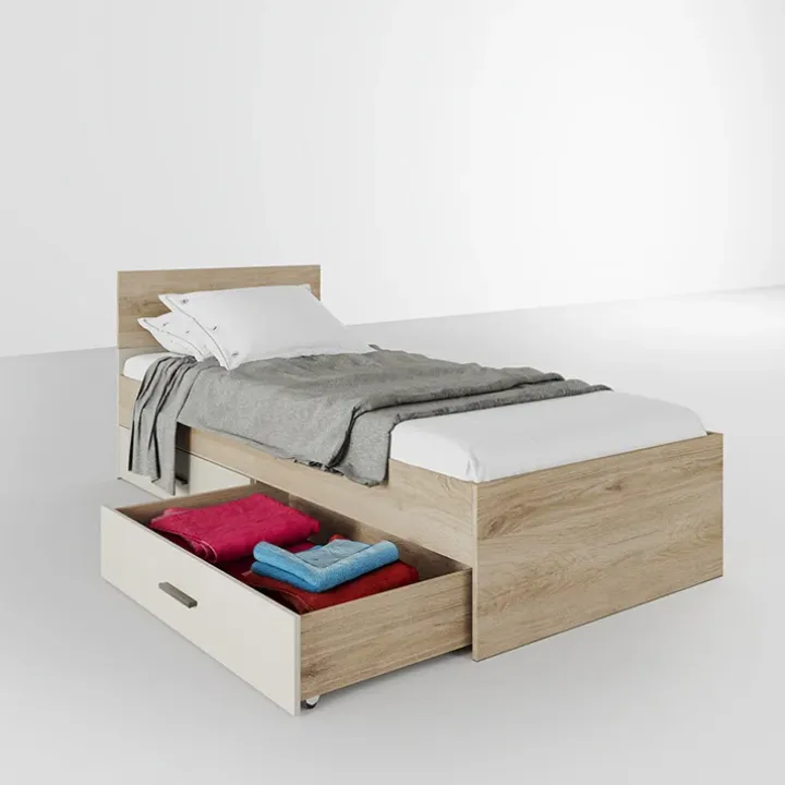 Letto singolo 90x200cm 2 cassetti rovere beige champagne Fabio Gihome®
