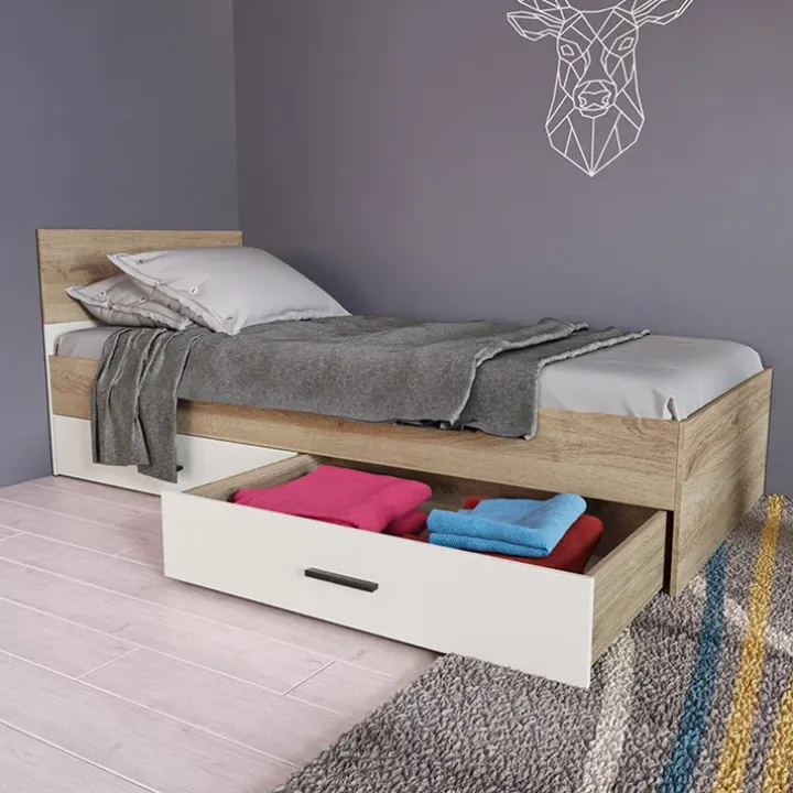 Letto singolo 90x200cm 2 cassetti rovere beige champagne Fabio Gihome®