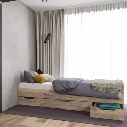 Letto singolo 90x200cm 3 cassetti rovere chiaro Kabala