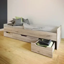 Letto singolo 90x200cm 3 cassetti rovere chiaro Kabala