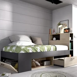 Letto singolo 90x190cm con cassettoni e libreria rovere grafite Derby