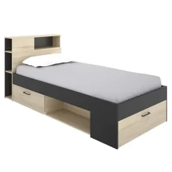 Letto singolo 90x190cm con cassettoni e libreria rovere grafite Derby