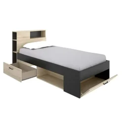 Letto singolo 90x190cm con cassettoni e libreria rovere grafite Derby