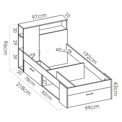 Letto singolo 90x190cm con cassettoni e libreria rovere grafite Derby