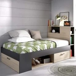 Letto singolo 90x190cm con cassettoni e libreria rovere grafite Derby