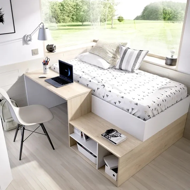 Letto singolo 90x190cm con cassetti e scrivania bianco rovere Adrian