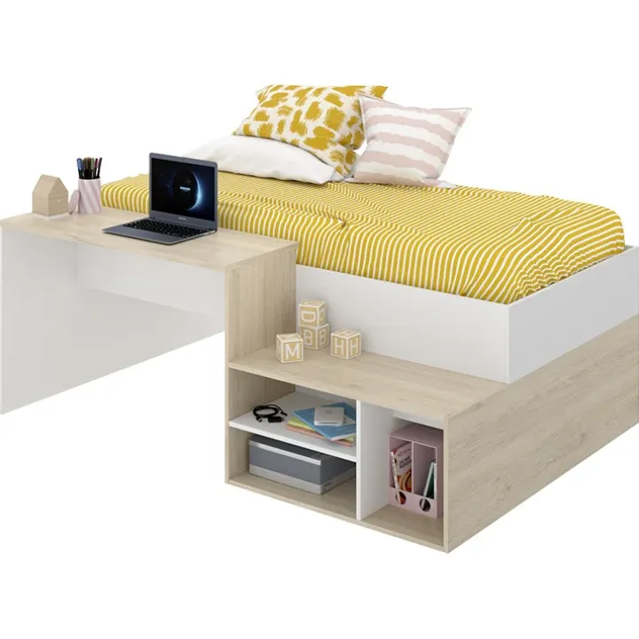 Letto singolo 90x190cm con cassetti e scrivania bianco rovere Adrian
