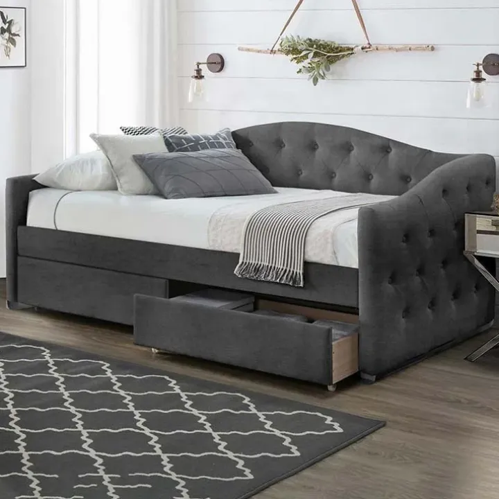 Letto singolo 90x200cm con cassettoni velluto grigio Epic
