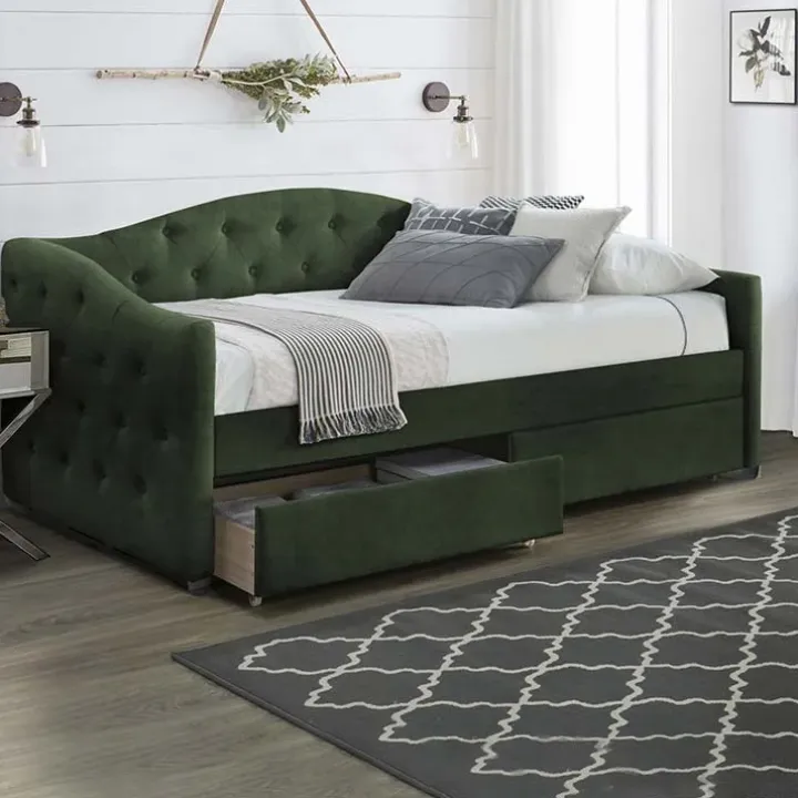 Letto singolo 90x200cm con cassetti in velluto verde Epic