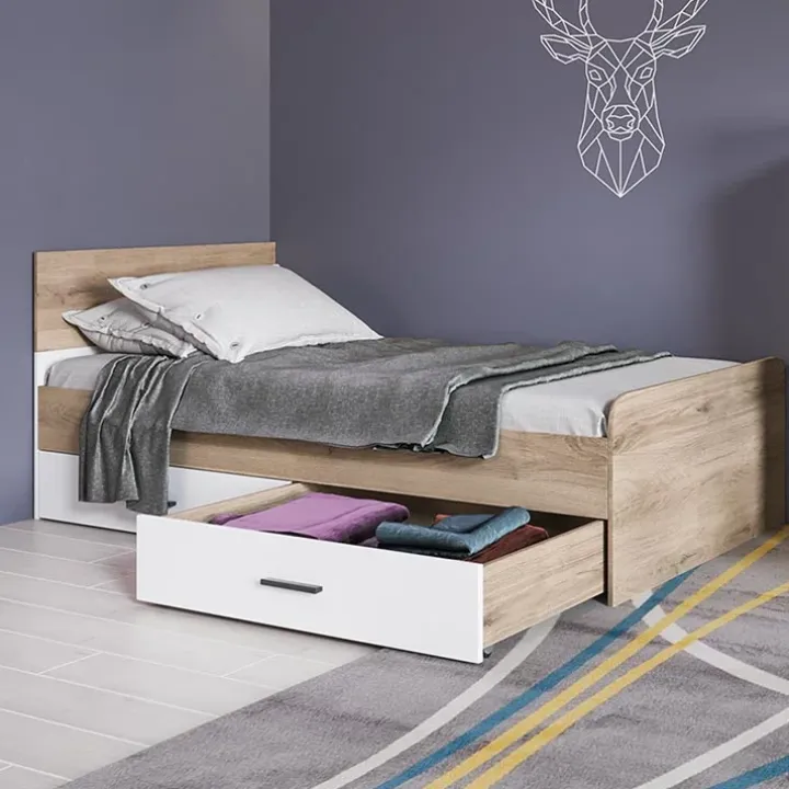 Letto singolo 90x200cm con 2 cassetti rovere bianco opaco Paulo