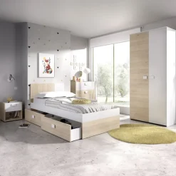 Letto singolo 90x190cm con cassettoni estraibili rovere bianco Cairo