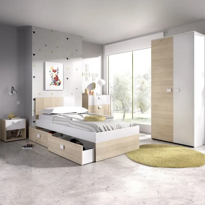 Letto singolo 90x190cm con cassettoni estraibili rovere bianco Cairo