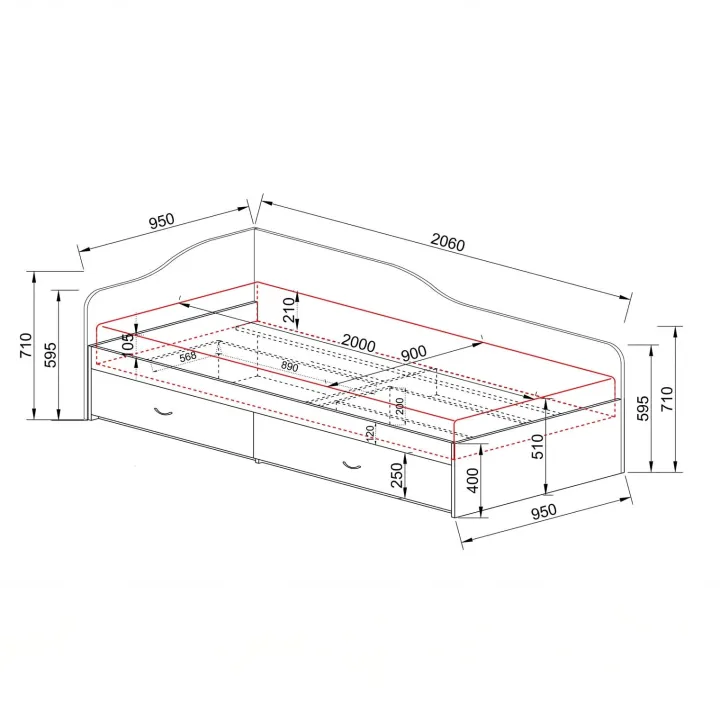 Letto singolo 90x200cm con cassettoni rovere scuro marrone Beccaria