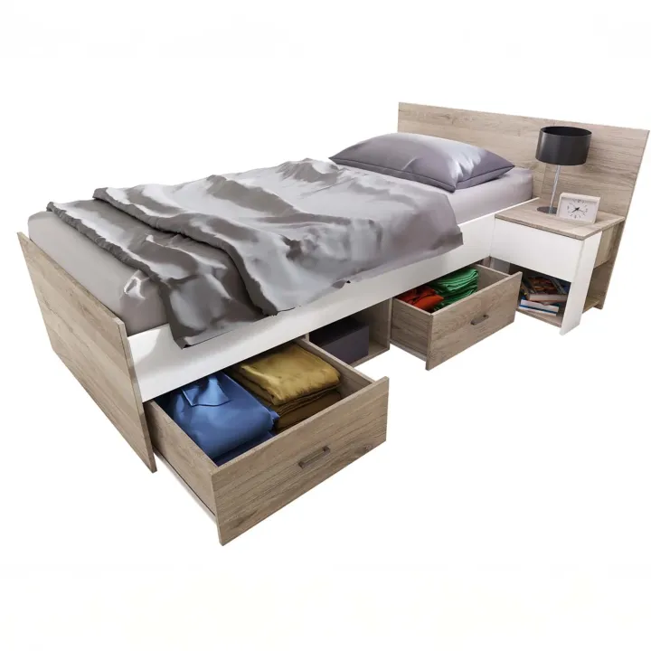 Letto singolo 90x200cm con comodino e cassettoni rovere bianco Francesco