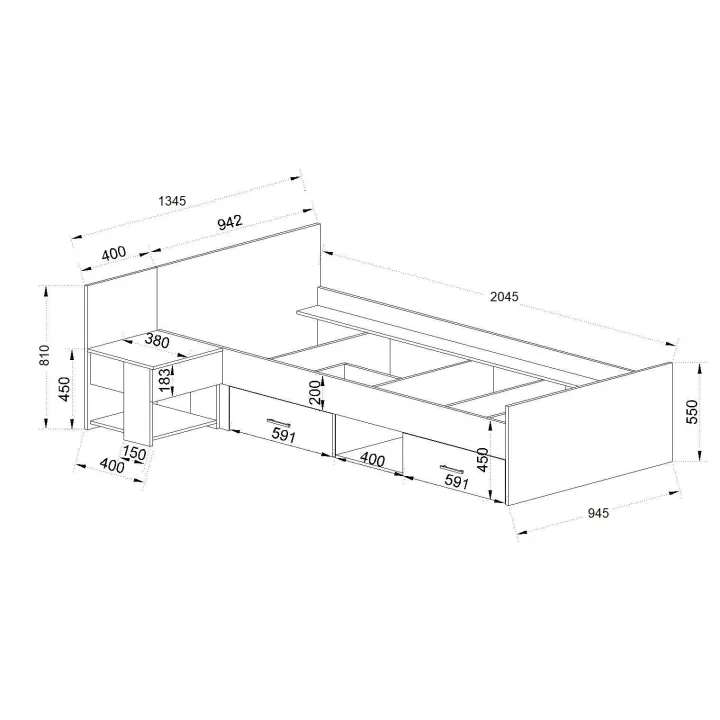 Letto singolo 90x200cm con comodino e cassettoni rovere bianco Francesco