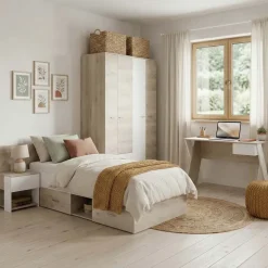 Letto singolo 90x200cm con comodino e cassettoni rovere bianco Francesco