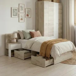 Letto singolo 90x200cm con comodino e cassettoni rovere bianco Francesco
