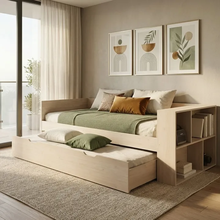 Letto singolo 90x200cm con letto estraibile e libreria reversibile rovere Claudio