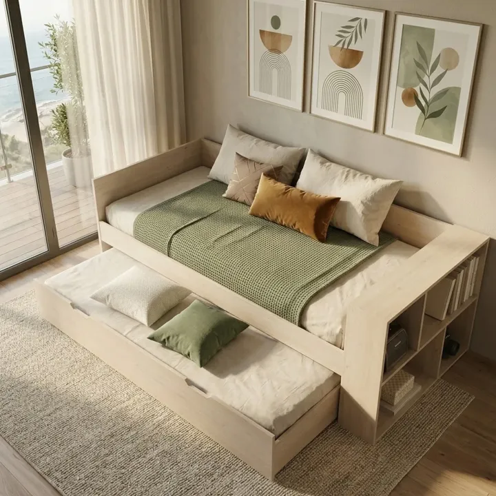 Letto singolo 90x200cm con letto estraibile e libreria reversibile rovere Claudio