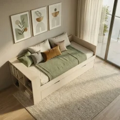 Letto singolo 90x200cm con letto estraibile e libreria reversibile rovere Claudio