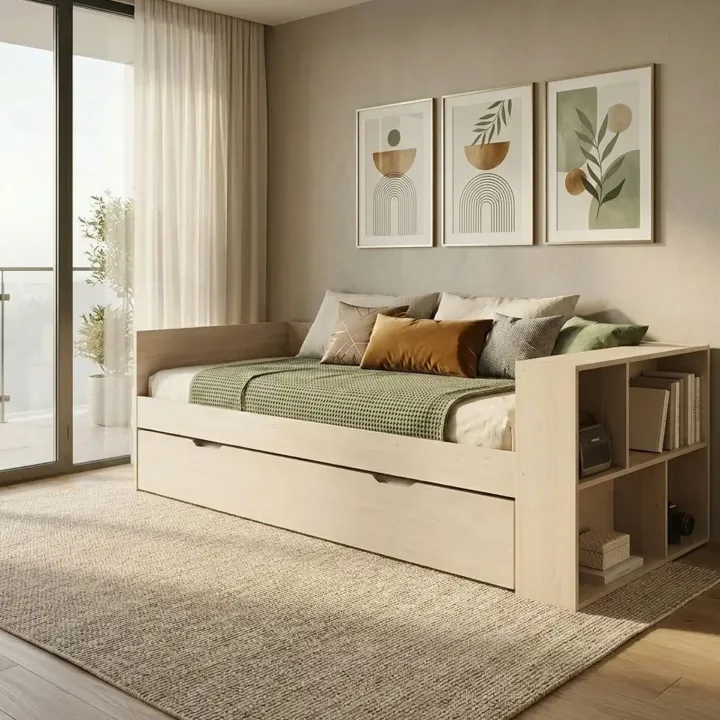 Letto singolo 90x200cm con letto estraibile e libreria reversibile rovere Claudio