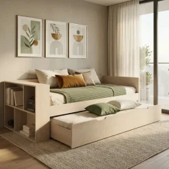 Letto singolo 90x200cm con letto estraibile e libreria reversibile rovere Claudio