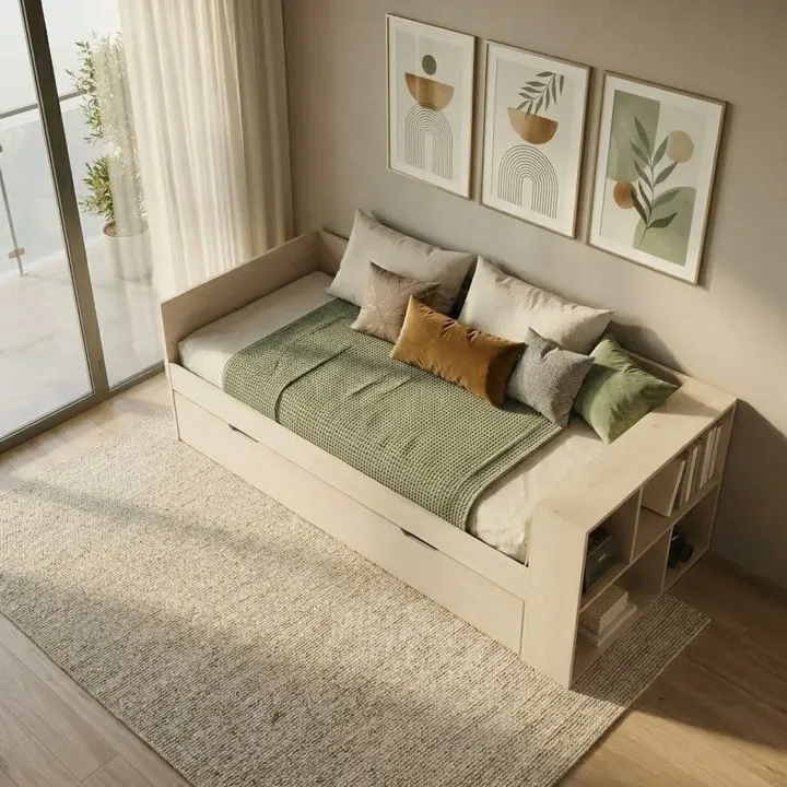 Letto singolo 90x200cm con letto estraibile e libreria reversibile rovere Claudio