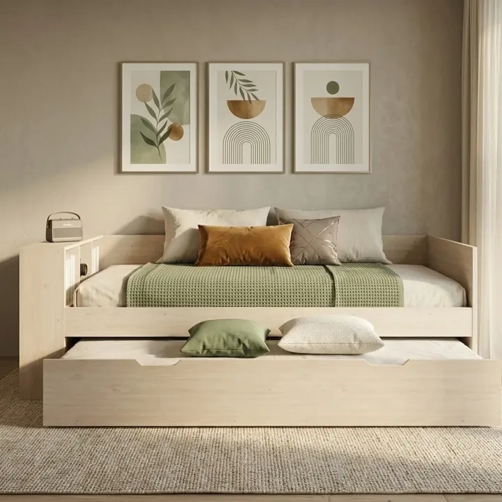 Letto singolo 90x200cm con letto estraibile e libreria reversibile rovere Claudio